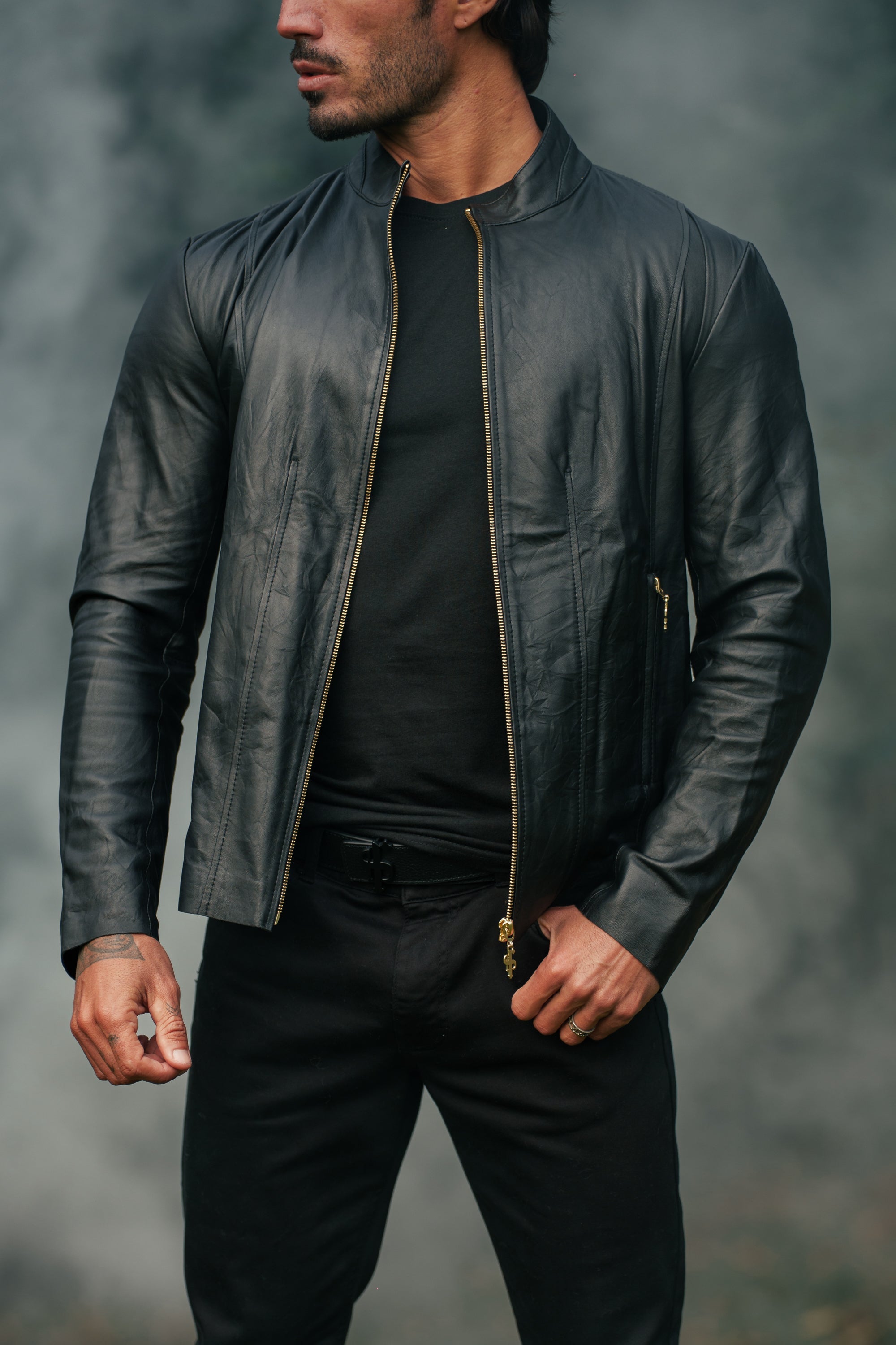Father Sons Black Lambs Leather Jacket With Gold Zips - FSH610